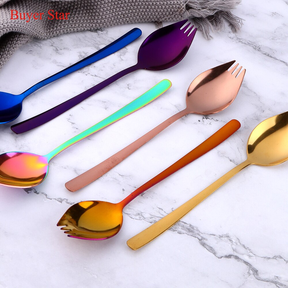 8PCS Stainless Steel Dinner Spork Camping Tableware 2 In 1 Colorful Rainbow Dessert Salad Fork Unique Spoons Bento Accessories