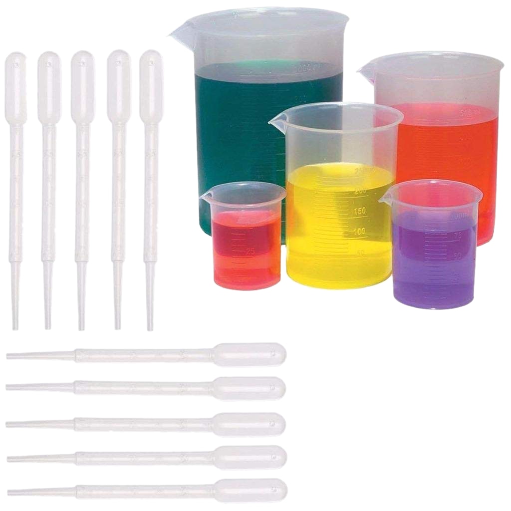 Juego de vasos medidores de plástico de 5 tamaños (50, 100, 250, 500, 1000ML) y 20 paquetes de pipetas de transferencia graduadas transparentes de 3ml