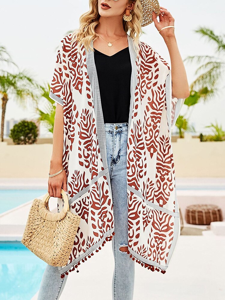 Print Bikini Cover Ups Vrouwen Zomer Strand Lange Blouse Casual Zwemmen Cover Ups Badpak Zon Blok Beachwear: orange