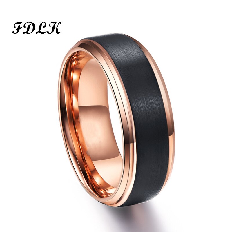 FDLK 8mm Rose Gold Stainless Steel Ring Surface Black Brushed Wedding Band Unisex Men and Women Promise Jewelry