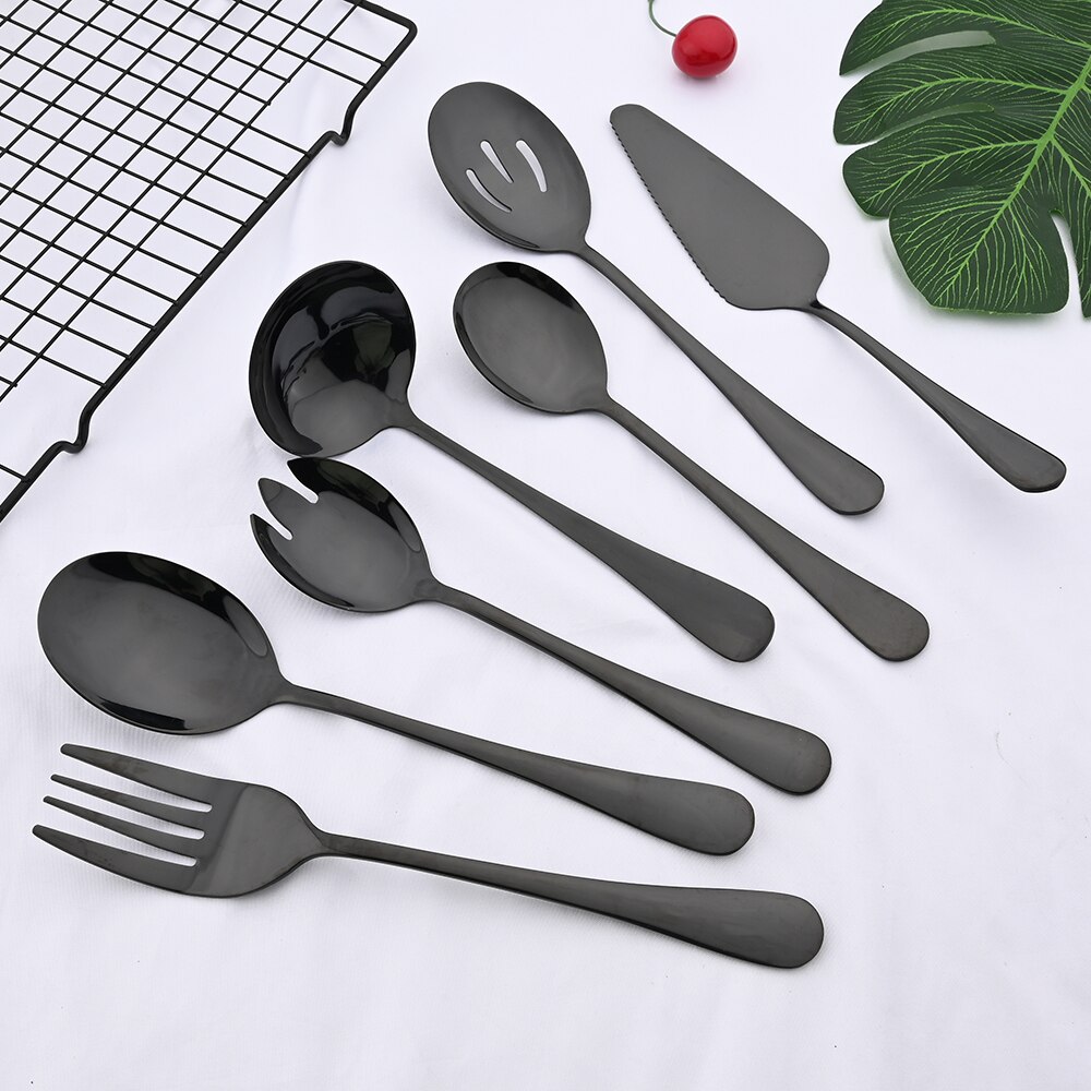 Black 2PCS Salad Spoon Fork Dinnerware Stainless Steel Tableware Cutlery Set Serving Spoon Set Colorful Unique Spoon Flatware