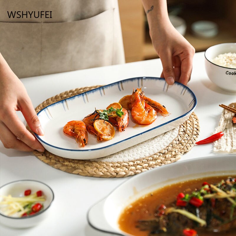 Fish Plate Household Steamed Fish Dishes Large Double Ear Plate Oval Fish Plates Ceramic Dish Household Products Tableware