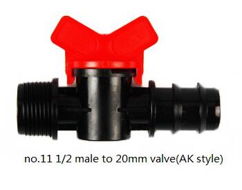 5pcs 16-Kinds Drip Irrigation Tape Ball Valves 1/2" Thread 16mm 20mm 25mm Barbed Connectors Trickle Irrigation Water Pipe Valve: No.11