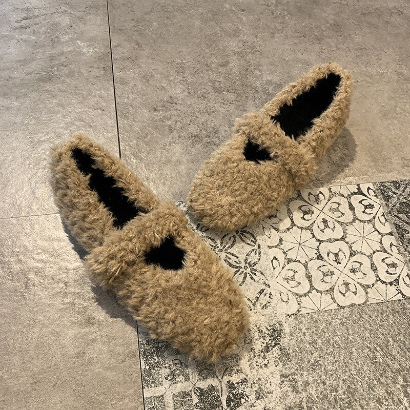 Hook & loop fritidsskor kvinna vårbaletter plattor slip on dam skor varm plysch päls lägenheter dam loafers: Kaki / 7.5