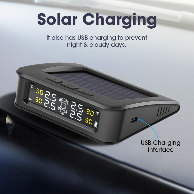 Jansite TPMS Car 5 Tire sensors Pressure Alarm Monitor System Display Solar charge pressure control Warning with Externa sensors