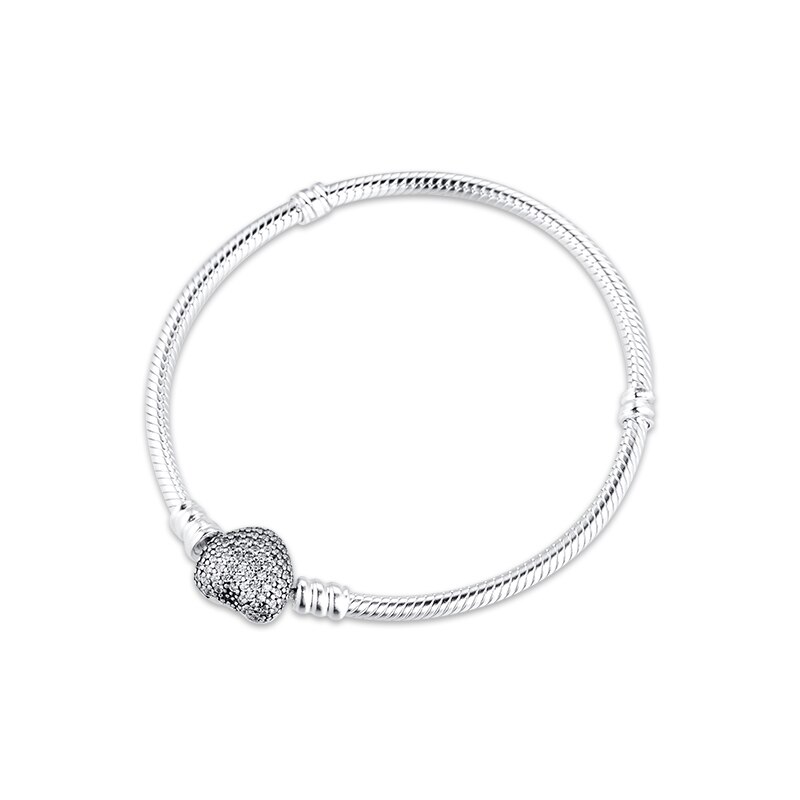 Pave Heart Clasp Bracelets Argent 925 Sterling Silver Snake Chain Charm Bracelets for Women DIY Jewelry Pulseras mujer