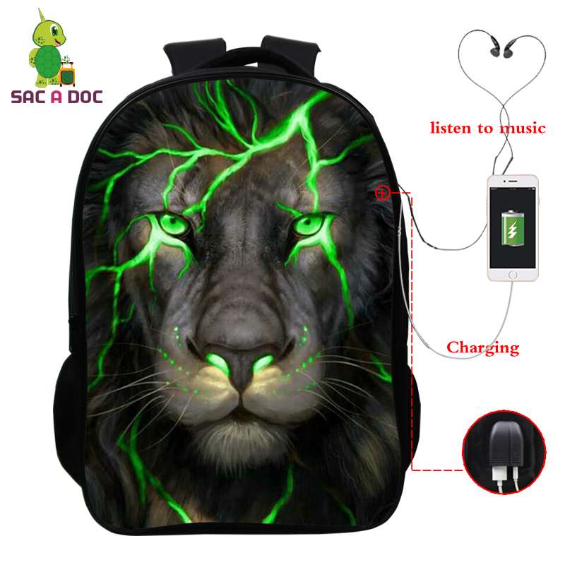 Usb-lade-rucksack, laptop-rucksack für damen und herren, schulrucksack, #39 3d zoll-rucksack mit löwenmuster, 16- zoll-reiserucksack, freizeitrucksack: Kastanienbraun
