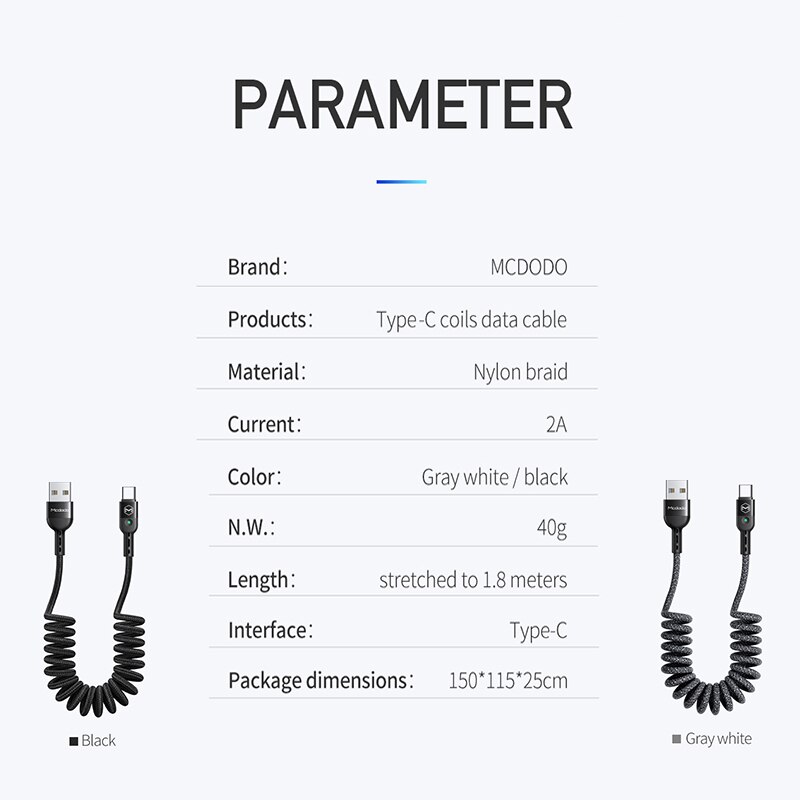Mcdodo 1.8M wiosna rozszerzenie stacjonarny rodzaj usb C kabel robić Samsung Huawei P30 zawodowiec telefon xiaomi QC4.0 szybka ładowarka kabel robić transmisji danych usb