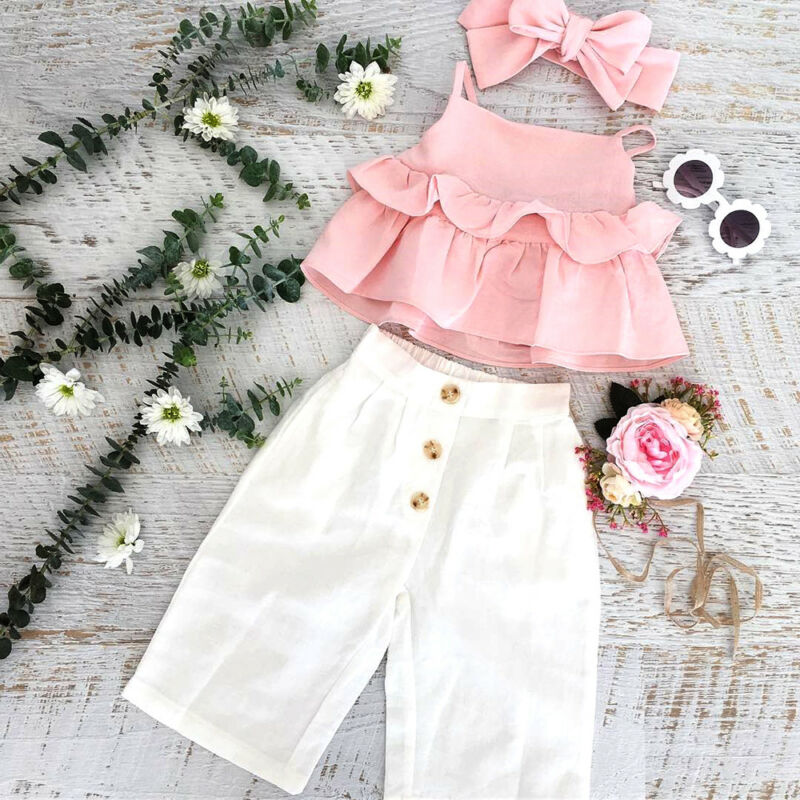 2020 Nuovo 3PCS Bambini Del Bambino Del Bambino Della Ragazza Ruffle Sling Magliette e camicette Pantaloni Leggings Abiti Prendisole 1-6 Anni