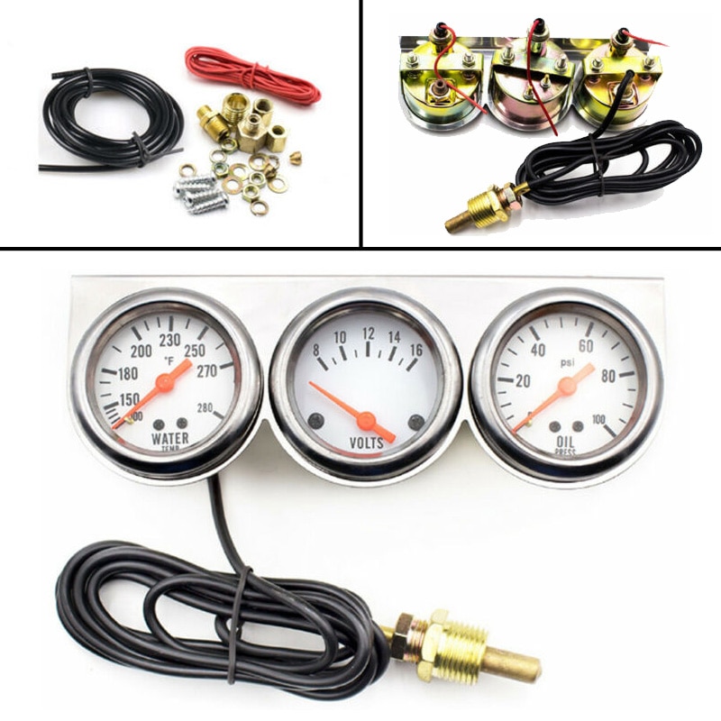 Chrome Auto Triple Gauge Set Kit AMP Meter Water Temp Oliedruk 3 In1