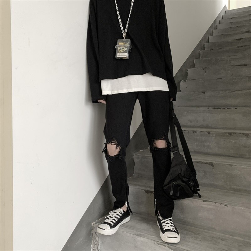 LAPPSTER Men Hip Hop Black Ripped Jeans Male Korean Streetwear Skinny Denim Pants Male Fashions High Waist Distressed Jeans: Zipper Trouser Legs / M