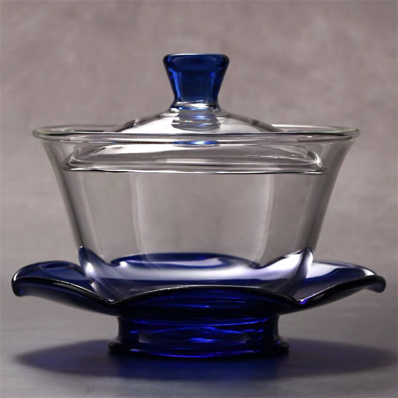 Taza de té de vidrio transparente grande para oficina, tazón de té individual y grueso resistente al calor con tapa: 180ml Blue
