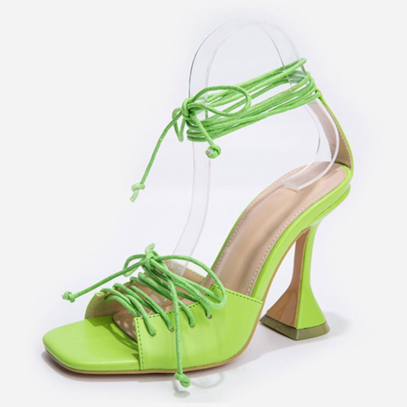 Genshuo sommar dam sandaler pu snörning knut dam högklackade sandaler sexiga neongröna kvinna skor sandalen pump: 6