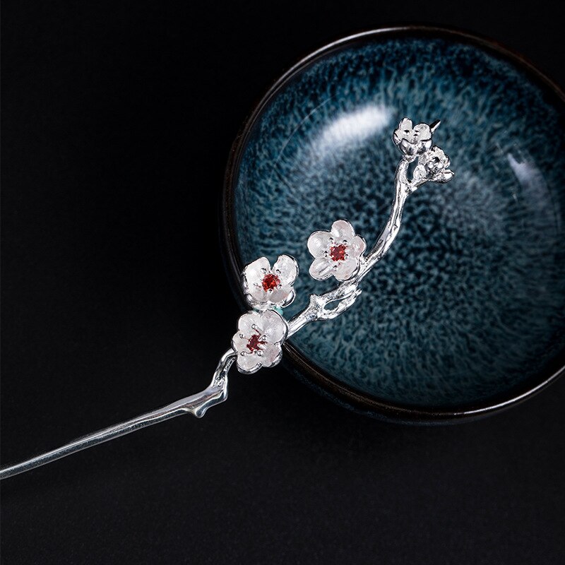 Pruimenbloesem Bloemen Haar Accessoires Voor Vrouwen Bruiloft Rode Zirkoon 925 Sterling Zilveren Chinese Japanse Haar Stok Haar Sieraden