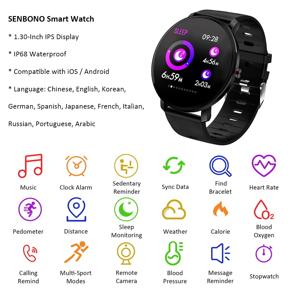 SENBONO K9 Smart Uhr Männer 1,30 "IP68 Wasserdichte Bluetooth 4,0 Fitness Armband Tracker Pedometer Herz Rate Monitor Smartwatch