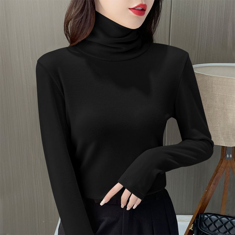 Roupa interior térmica feminina inverno engrossar gola alta camisa inferior de veludo quente topos semi gola alta pulôveres de manga longa: l / Bege