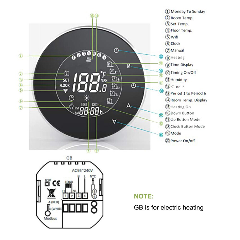 Smart Electric Heating Thermostat with Touchscreen LCD Display Weekly Programmable Room Temperature Controller 16A 95~240V GB