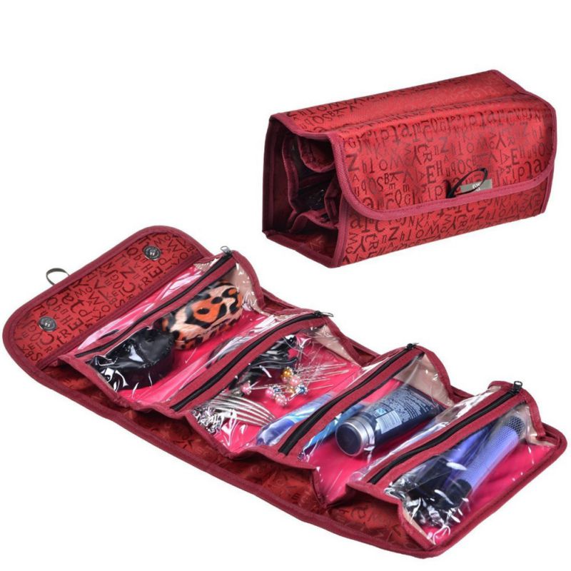 Travel Roll-up Cosmetic Makeup Case Foldable Organizer Pouch Hanging Toiletry Wash Bag Storage Bags 4 zipper compartment: Red
