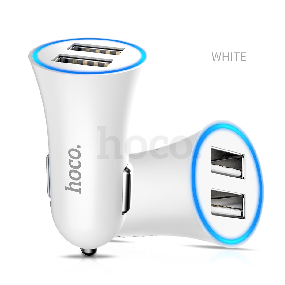 HOCO Car Charger Dual USB Port for iPhone iPad Samsung Xiaomi Phone Charging Adapter 2.4A Car-charger Universal Double Slot: white