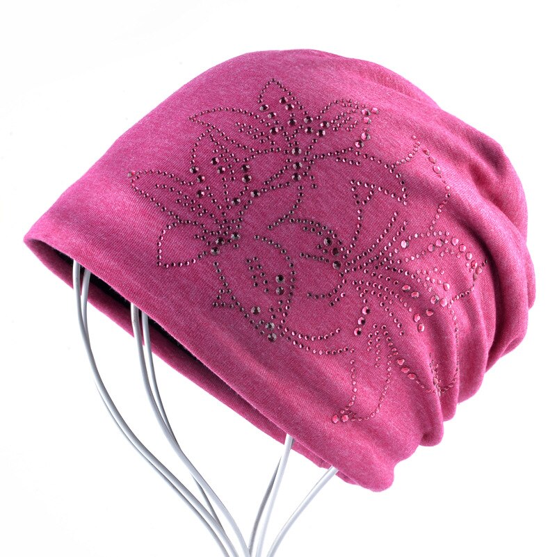 Female Beanie Bonnet Autumn And Winter Caps Hip-hop Cap Flower Rhinestone Hats For Women Beanies: Pink