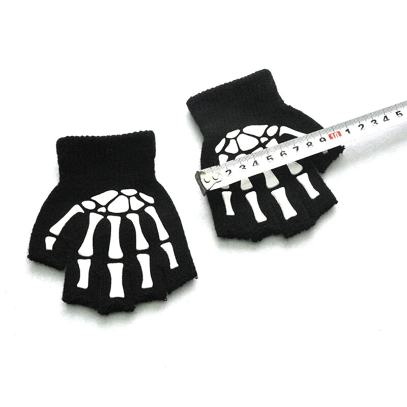Impressão de esqueleto fluorescente crânio malha metade dedo luvas fresco outono inverno preto ridding tricô para crianças 5-12y