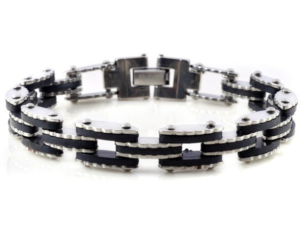Mænds sort kors sølvfarvet rustfrit stål gummiarmbånd manchet armbånd kæde armbånd smykker 8.5 ": 3