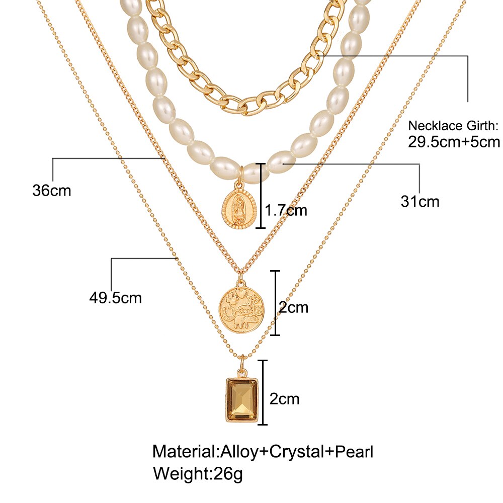 Punk Gold Multilayered Chain Baroque Pearl Necklace For Women Coin Crystal Pendant Necklace Trend Jewelry