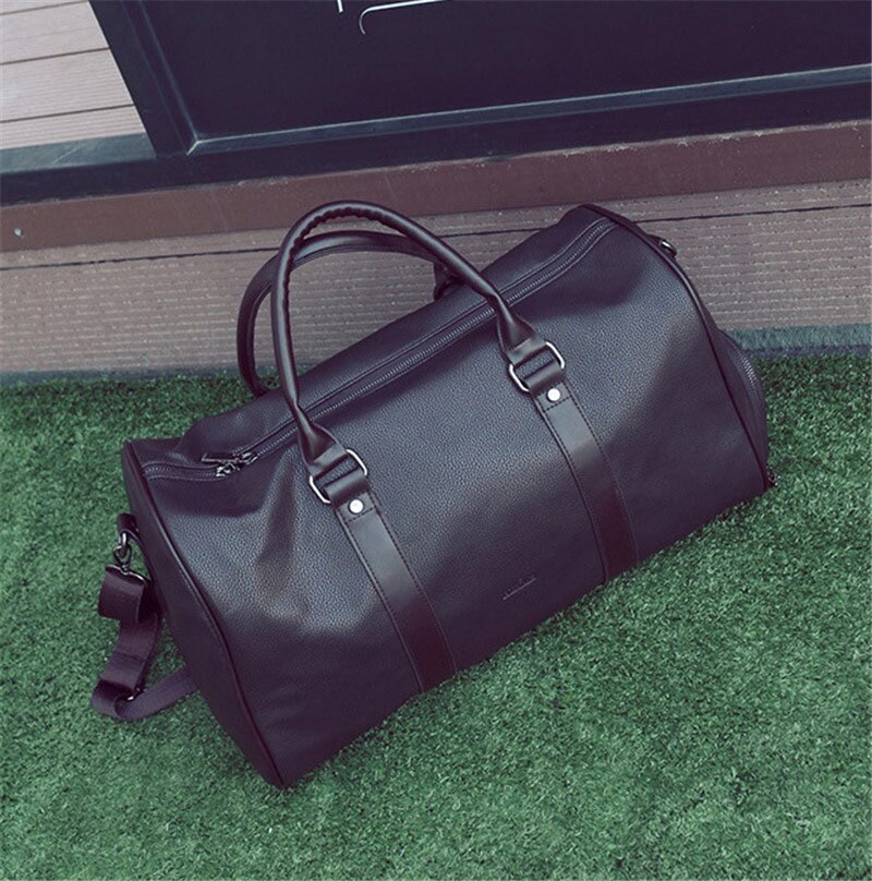 Men Black Leather Travel Bag Big Large Duffel Round Tote Women Men's Gym Over the Shoulder Bags for Shoes Pocket Handbags XA96WC: black