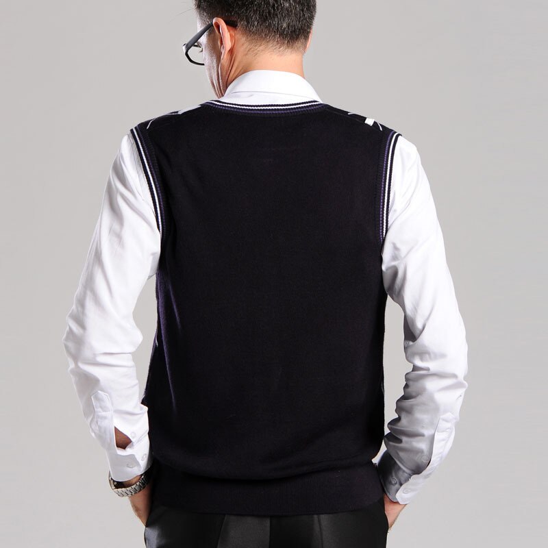 Hommes Woll col en v gilet chandails Argyle Slim Fit Patchwork sans manches automne printemps tricoté Contted décontracté mâle vêtements