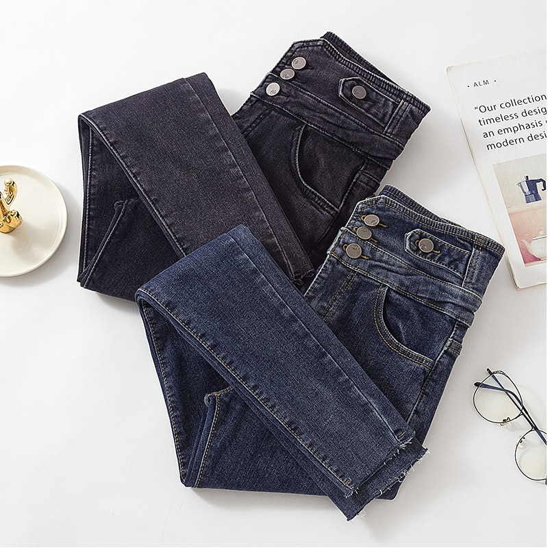 Skinny jeans voor dames, hoge taille, drie knopen, zwarte denim potloodbroek voor dames, koreaanse chique lange jeans voor dames