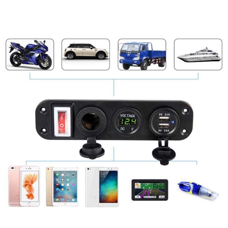 Autolader dubbele usb-adapter 12v sigarettenaanstekeraansluiting led voltmeter schakelaar
