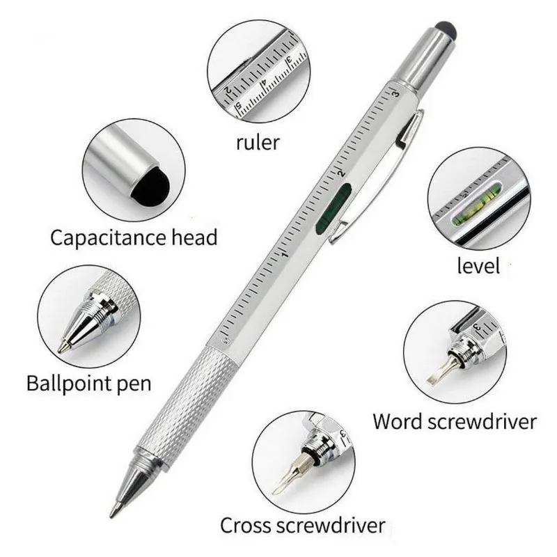 7 in1 Multifunction Ballpoint Pen With Modern Handheld Tool Measure Technical Ruler Screwdriver Touch Screen Stylus Spirit Level
