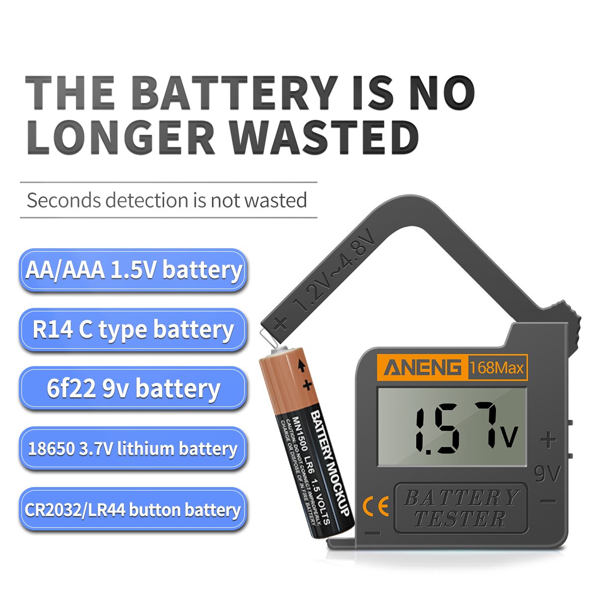 Battery Tester 168MAX Digital Display Tester Battery Voltage Checker Battery Capacity Testing Tool Universal Tester