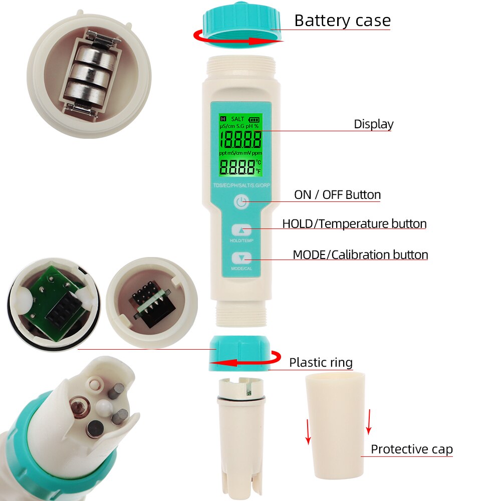 Digitale 7 In 1 Ph/Tds/Ec/Orp/Zoutgehalte/S. G/Temperatuur Meter Water Monitor Tester Drinkwater Aquaria Ph Meter