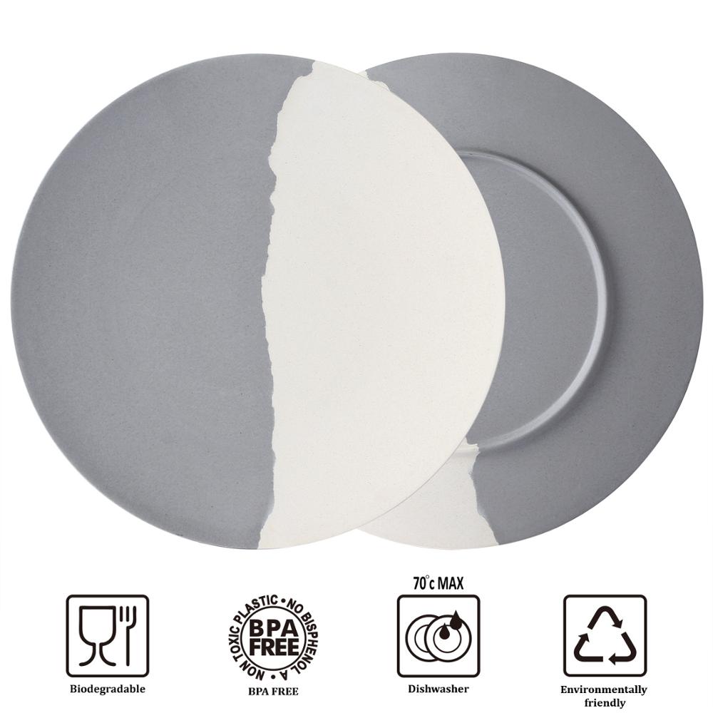 Lekoch Bamboo Fiber 4Pcs for 1 person Tableware Set gray and white Plate Bamboo Fiber dinnerware Plate Bowl Cup Set for Party