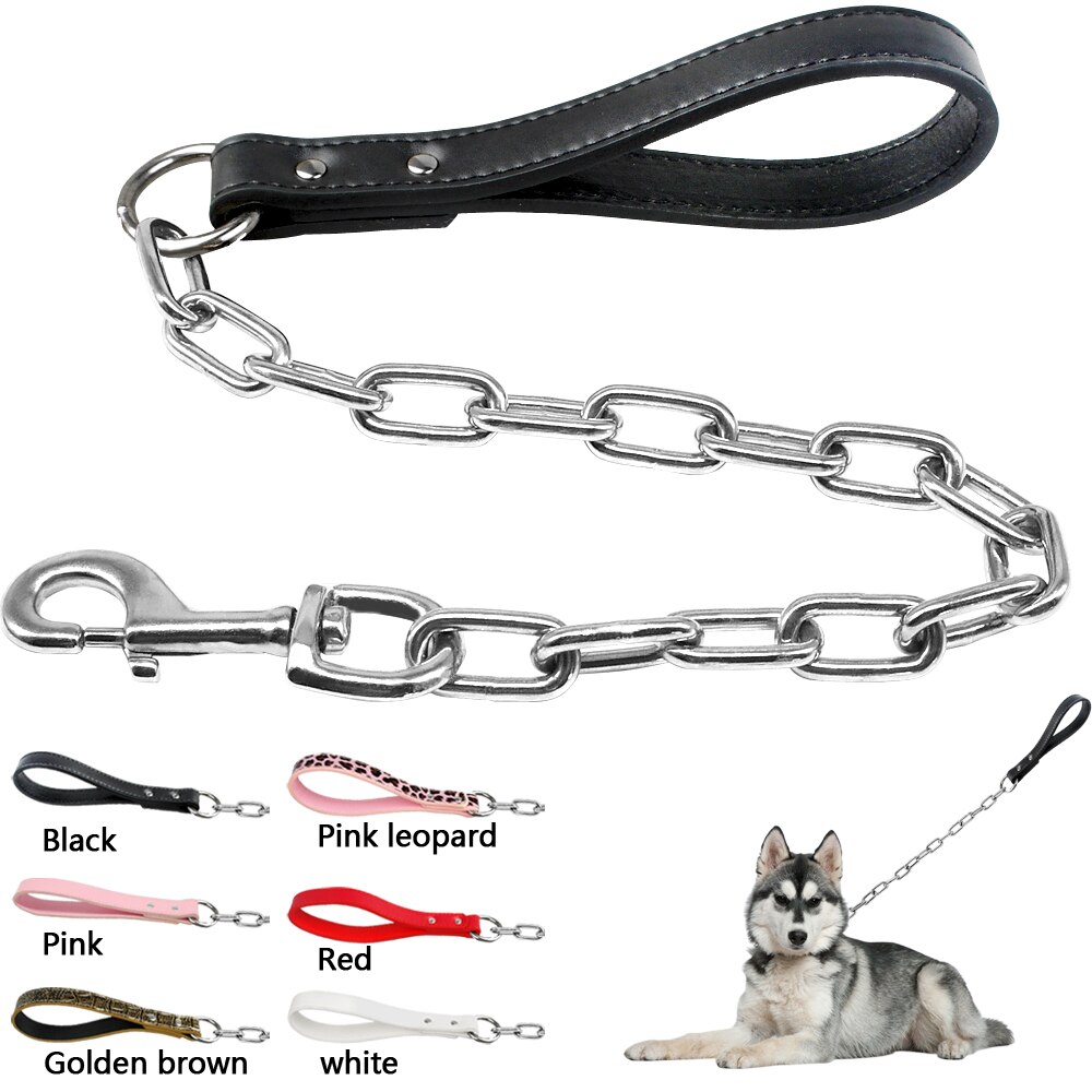 Correa de cadena duradera para perros pequeños y grandes que caminan, correa de arnés de Collar de plomo con asa de cuero, suministros para mascotas de Color dorado