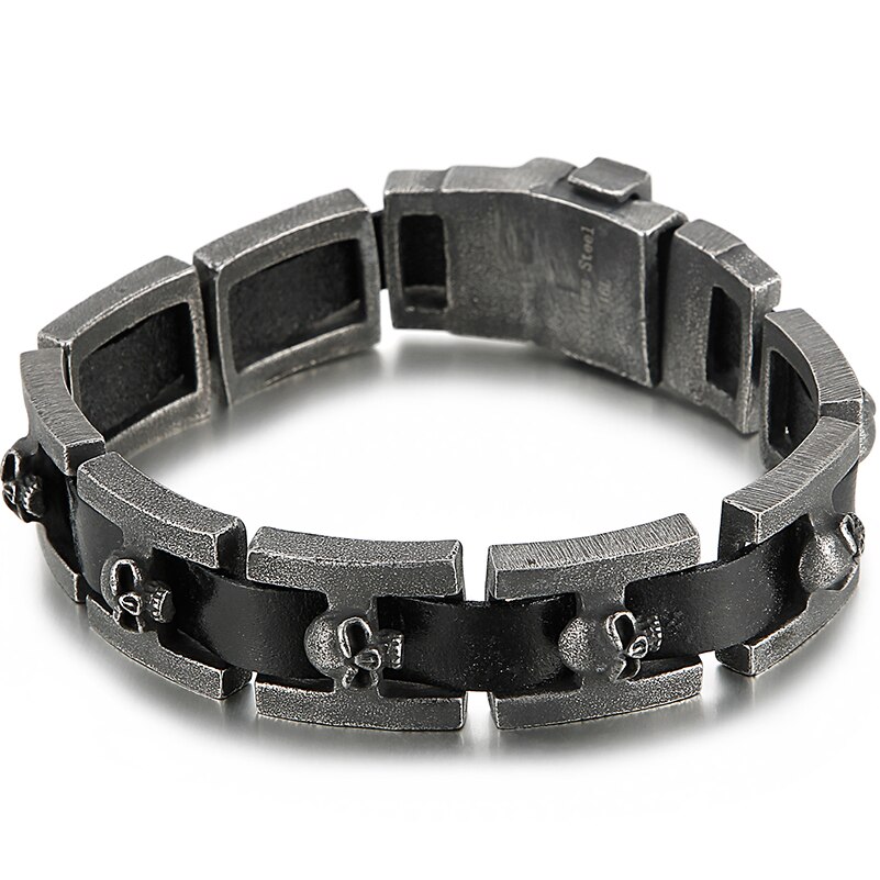 Bracelets en cuir pour hommes, tête de mort, boucle de ceinture, en acier inoxydable, grande taille 24/23CM: Default Title