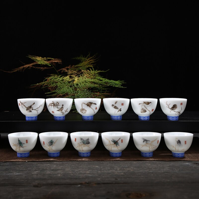 Håndtegnet fugl te kop blå og hvid porcelæn kop keramik mønster puer kop personlighed tekop