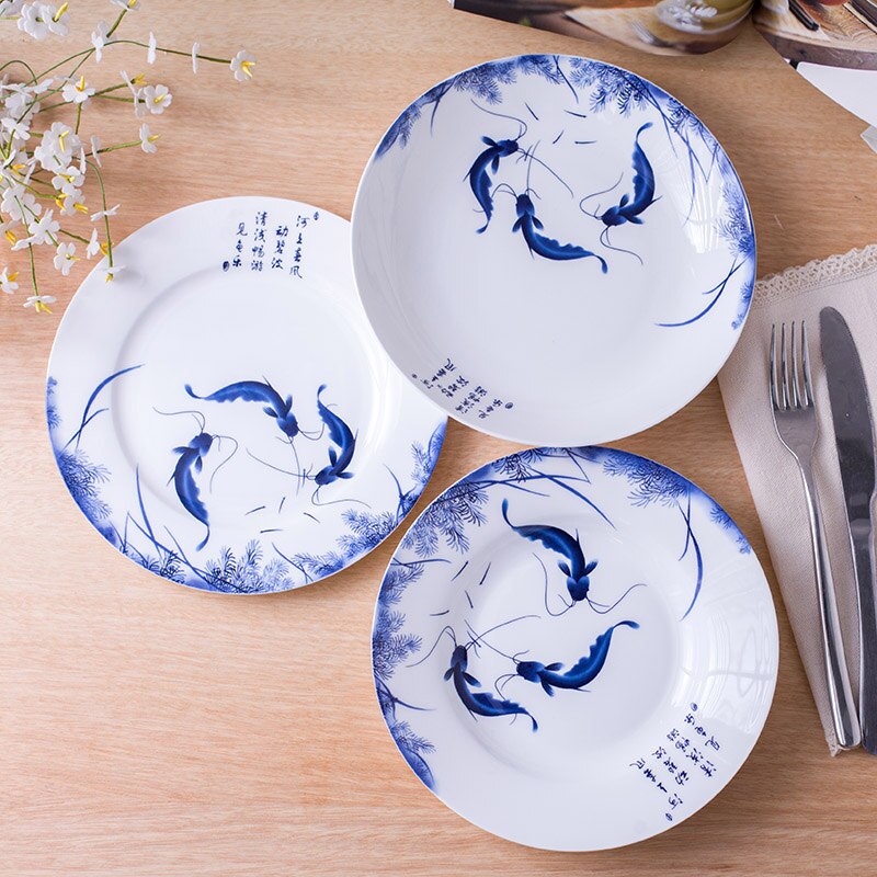 8/10inch Jingdezhen Plate Ceramic Bone china Dinner Plates Fish Pattern Decoration Dish Round Fruit Saucer Tableware Dinnerware