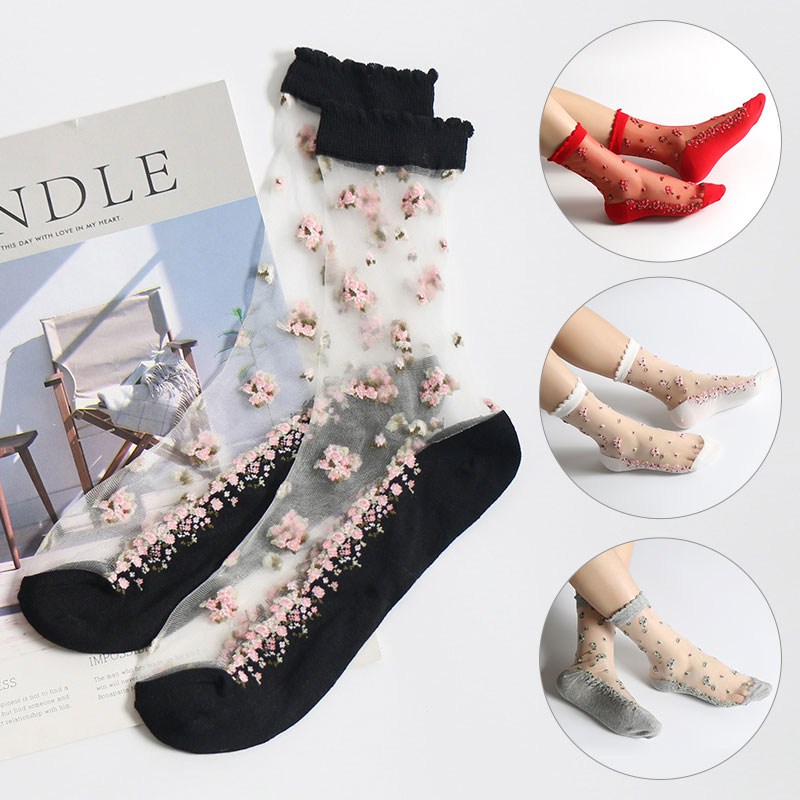 Chaussettes courtes élastiques à fleurs de Rose pour filles, chaussettes d'été respirantes Ultra fines en dentelle transparente, chaussettes en cristal pour femmes