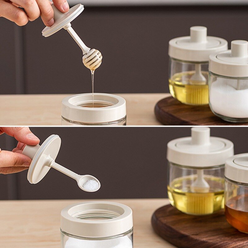 Bote de almacenamiento de sal y azúcar para el hogar, cubierta creativa de cuchara, tanque de condimentos integrado, caja de saborizante de vidrio para cocina, independiente
