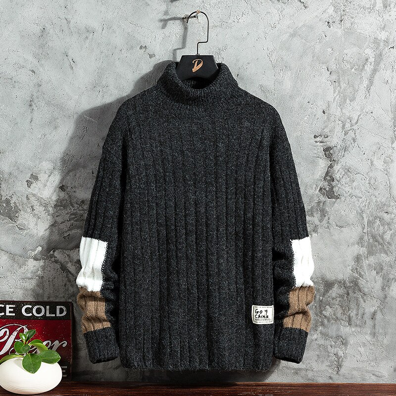 Singleroad herr polotröja herr vinter lapptröjor med hög krage harajuku koreansk polotröja svart tröja herr: Svart tröja män / Asiatisk -3xl