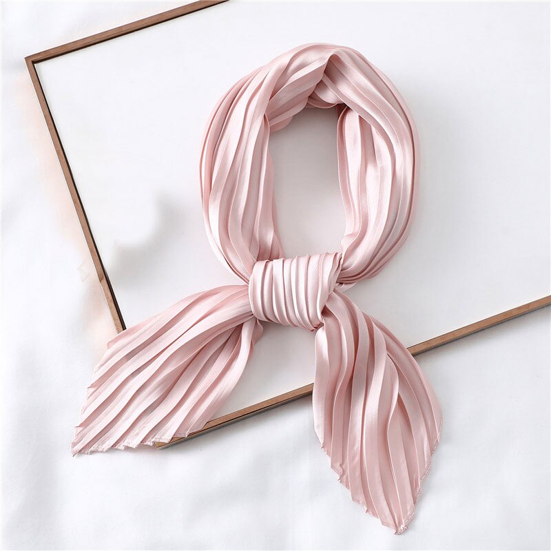 Silk Pleated Scarf Square Scarf For Women Small Scarves Soft Satin Neckerchief Decorative Headscarf Solid Hair Scarf Summer