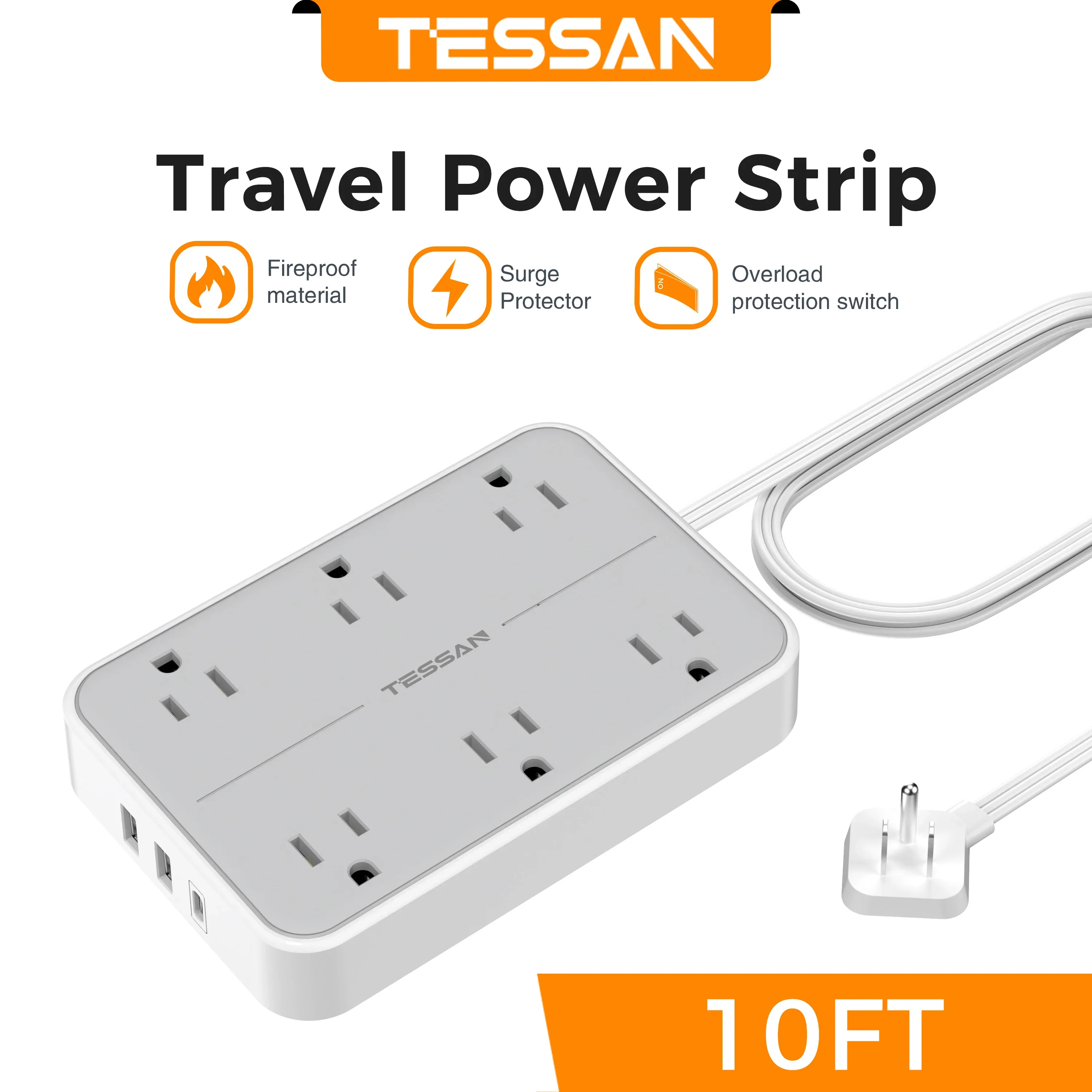 TESSAN Electrical Extension Flat Plug Type C Multi-Plug Strap Multi-Plug Connector with 8 AC Outlets and 3 USB Ports (1 Type C): green