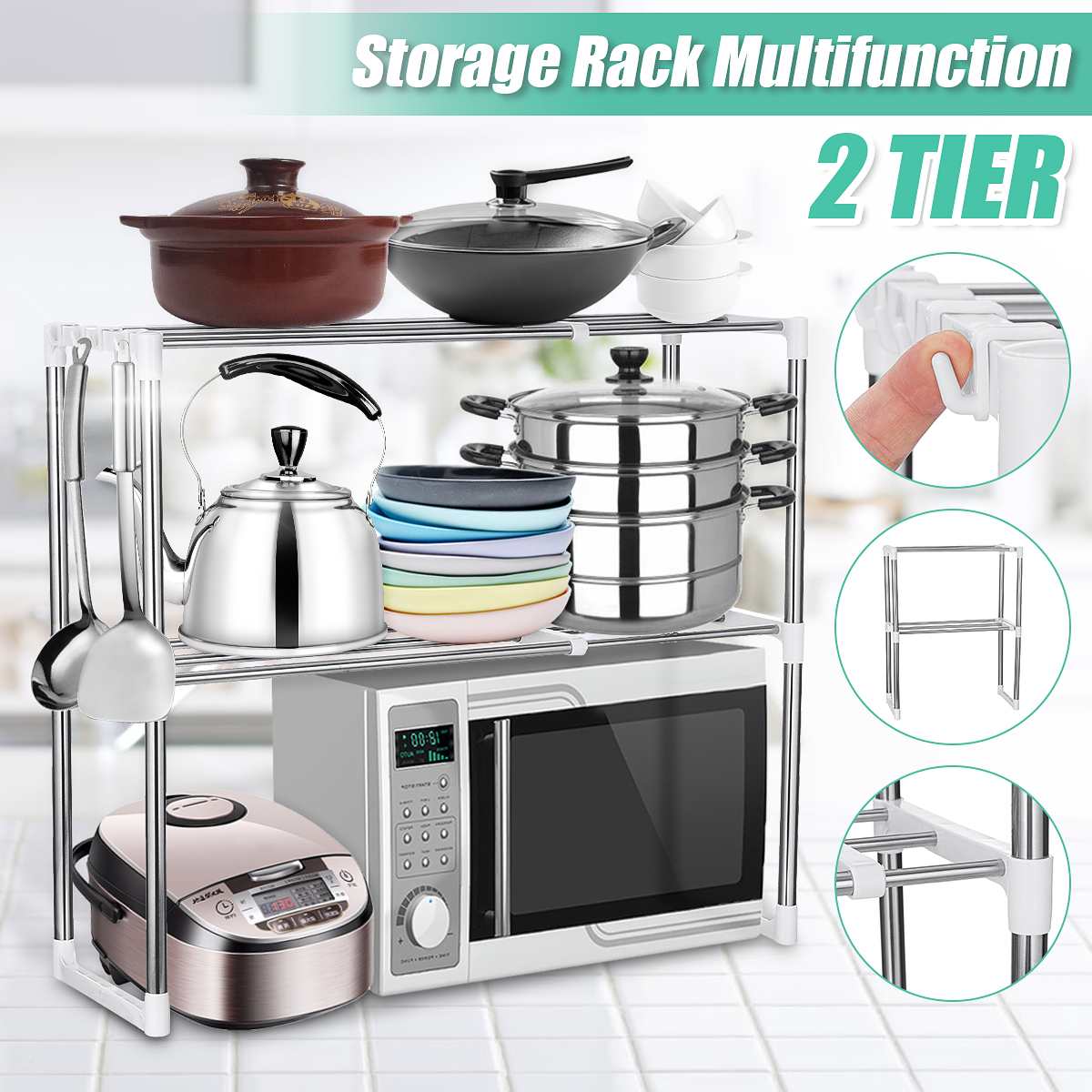 Stainless Steel Adjustable Multifunctional Microwave Oven Shelf Rack Standing Type Double Kitchen Storage Holders