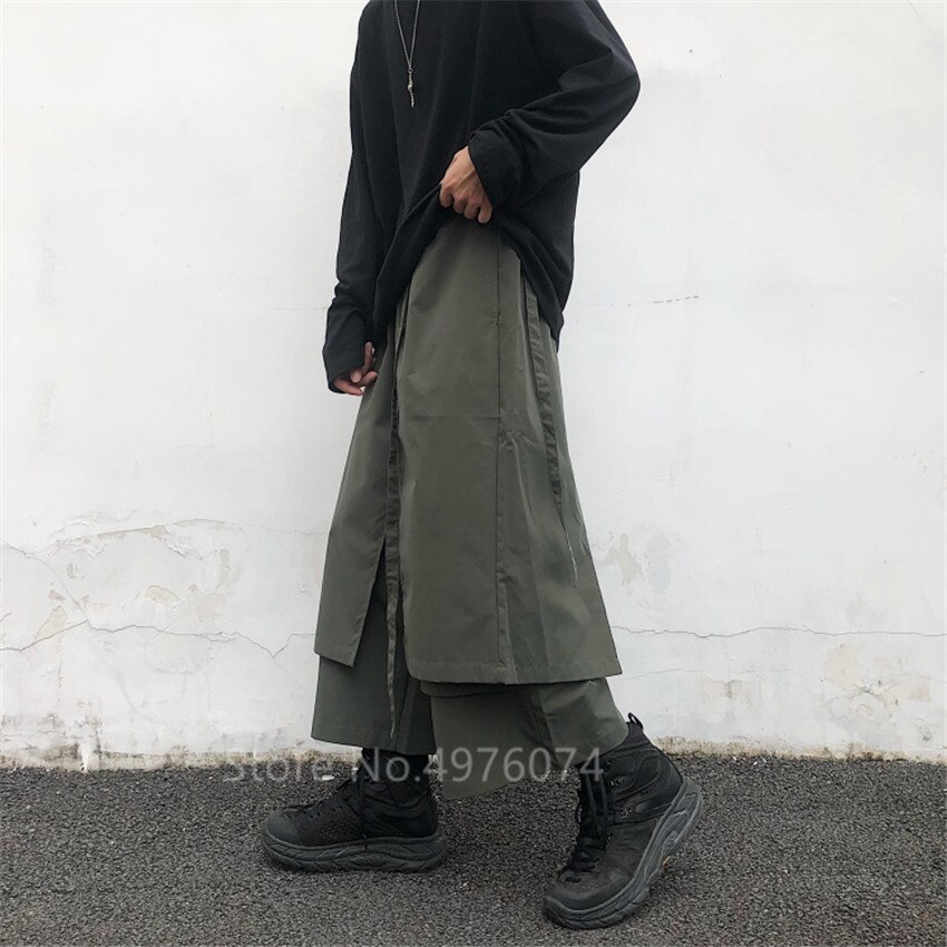Pantalones de pierna ancha de estilo japonés para hombre, Pantalón recto Irregular, Harajuku, negro, ropa de samurái, Unisex, estilo Hip Hop urbano