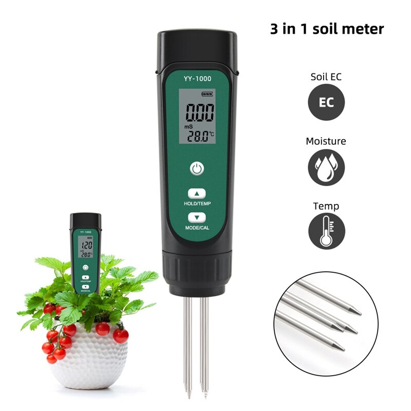 3 in 1 Digital Soil EC Moisture Temperature Meter Humidity Tester LED Display Remove Probes Test Analyzer