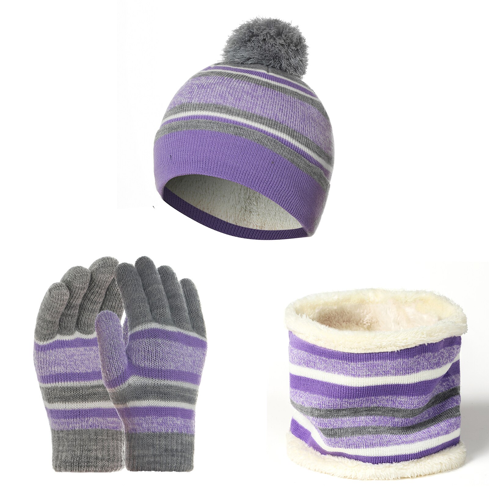 Conjunto de guantes y gorros de invierno para niños, conjunto de 3 piezas de algodón y lana, con pompón de punto, cálido