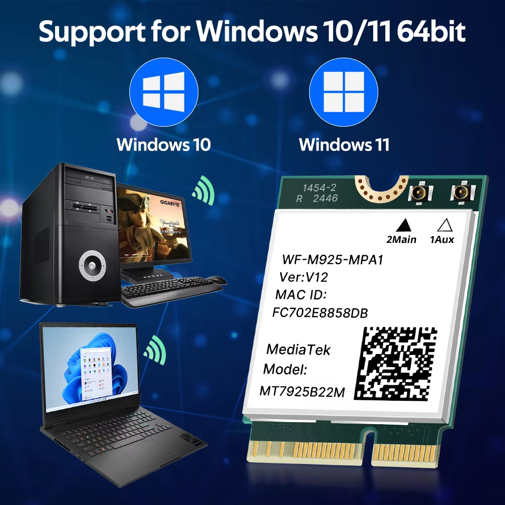 MT7925 WiFi 7 Network Card 5400Mbps For Bluetooth 5.3 Tri Band 2.4G 5Ghz 6GHz M.2 NGFF Wireless Adapter For Win 10 Win 11