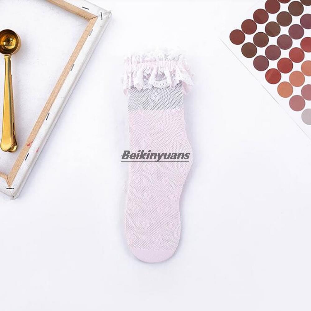Thin summer children&#39;s socks Lolita hollow lace women&#39;s white tube pile socks cute lace socks: pink